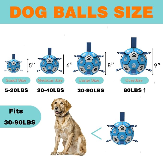 Dog Soccer Ball, Interactive Toys for Tug of War, Puppy Birthday Gifts, Tug Toy, Water Toy, Durable Balls for Small & Medium Size(8 inch-Blue)
