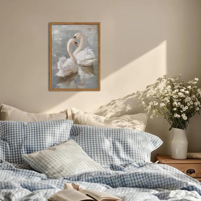 Framed Vintage Swan Canvas Wall Art, Romantic White Swan Paintings Wall Decor, Rustic Animal Pictures Prints Farmhouse Home Decor for Living Room Bedroom 12x16 inch