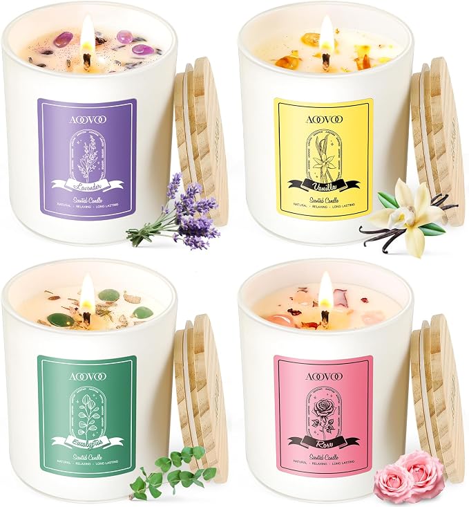 AOOVOO Rose/Vanilla/Eucalyptus/Lavender Scented Candles for Women - Aromatherapy Candle with Crystals Inside, 28oz Soy Candles for Home Scented, Birthday Gifts Mothers Day Candle for Women Mom