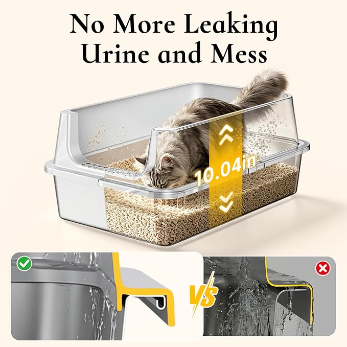 XL Open Top Stainless Steel Litter Box with High Sides, Gray | Extra Large Metal Cat Litter Pan , XL Litter Box, Non-Stick Easy Clean Anti-Leak Kitty Litter Pan, Odor Control, Open Top