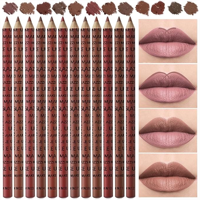 12 Pcs Colors Lip Liner Lipstick Pencils Set Pack for Shaping & Sculpting Lips,Natural Maroon Dark Red Nude Beige Chocolate Brown Plum Matte Pigmented Lipliners Crayon Lipstick