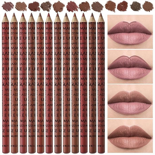 12 Pcs Colors Lip Liner Lipstick Pencils Set Pack for Shaping & Sculpting Lips,Natural Maroon Dark Red Nude Beige Chocolate Brown Plum Matte Pigmented Lipliners Crayon Lipstick