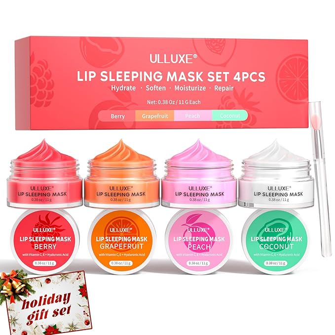 Lip Mask Set 4 Pcs, Overnight Lip Sleeping Mask with Shea Butter, Hyaluronic Acid & Vitamin C Nourishes Hydrates Dry, Flaky Lips, Moisturizing Lip Repair Balm & Butter, Lip Care Gift for Women