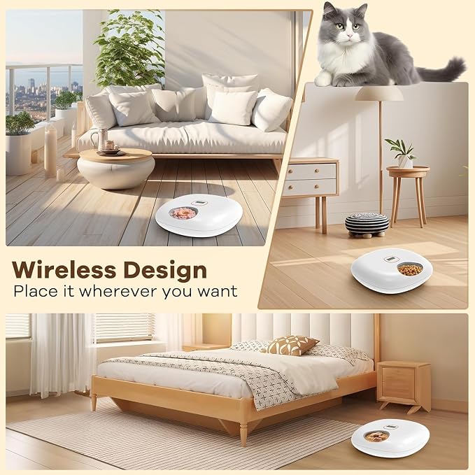 Automatic Cat Feeder Wireless, Sharper Image Auto Cat Food Dispenser for Dry Food with 4 Ice Packs, Rechargeable Auto Feeder for Cats and Dogs with Programmable Timer Low Battery Indicator, White