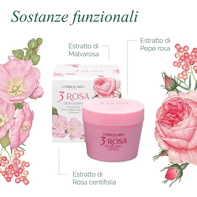 L'Erbolario Body Cream - Moisturizing Body Butter for Dry Skin - Prevents Skin Aging - Firming Skin Care with Floral and Spicy Scent - 3 Rosa - 6.7 oz
