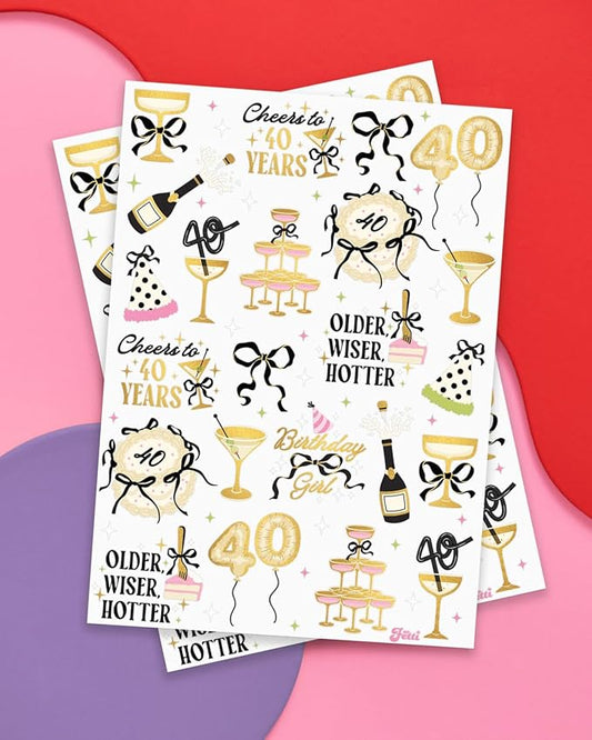 xo, Fetti 40th Birthday Temporary Tattoos - 46 designs, 2 sheets | Gold Foil, Milestone Party Favors, Forty Celebration Decor, Photo Booth Props, Glam Accessory, Adult Birthday