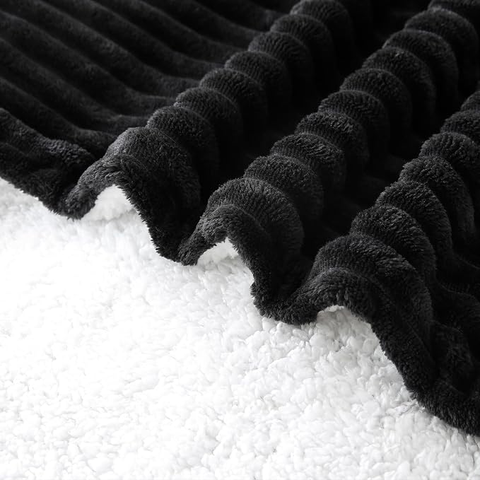 Black Sherpa Fleece Throw Blanket 108”×90”for Couch Sofa Bed | Double Side Soft Fuzzy Cozy Plush Thick Flannel Blanket with Striped Design Gift for Adults,Woman