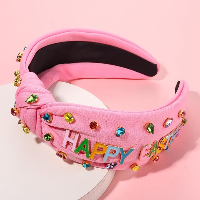 mokkia Easter Headbands Beaded Rabbit Bunny Headband for Women Pink Spring Knotted Headband Easter Hair Accessories Gifts