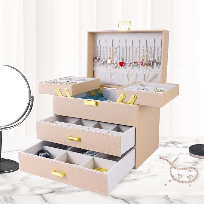 Jewelry Organizer Box, Large Jewelry Boxes for Women Girls, Space-Saving 4 Layers Jewelry Storage Case with Drawer, Movable Metal Stand, Modern, Gift Idea (Champagne + Gold)