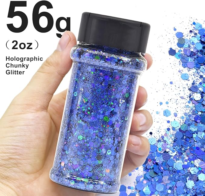Royal Blue - Holographic - Craft Glitter - 2oz Glitter Shaker Bright Colorful Mix Chunky Body Glitter Bulk - 24 Colors in Shaker, Cosmetic Grade Glitter - EBKC709