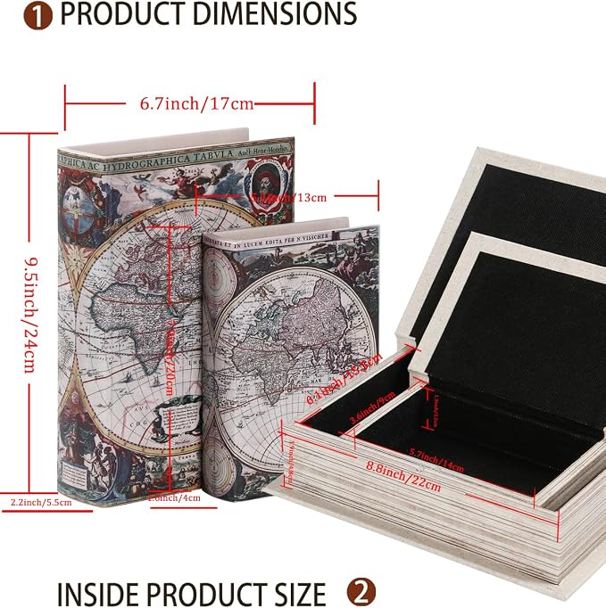Decorative Wooden Book Box Set of 2 - Vintage Faux Book Boxes for Home Decor, Secret Storage with Magnetic Closure, Antique Style, Map Pattern Leather Cover Design, Perfect for Home Office Bookshelf