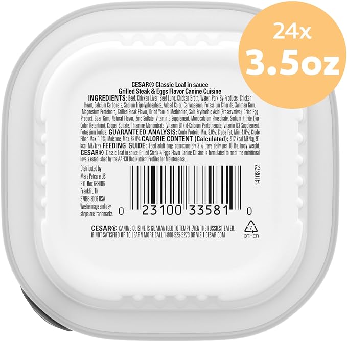 Cesar Classic Loaf Wet Dog Food, Grilled Steak & Eggs, 3.5 oz, 24 Count | Real beef #1 ingredient, made in the USA, 100% complete & balanced, no fillers/added sugar/artificial flavor, easy peel trays
