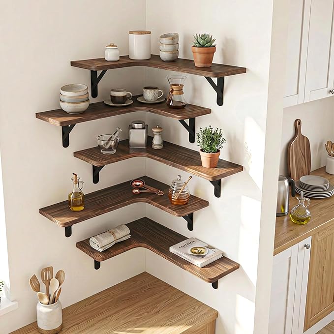 Fixwal Conner Floating Shelves for Wall Decor, Dark Carbonized Black 5pcs | Solid wood shelf with metal brackets, holds 40 lbs. Optimizes corner storage. Fits bathroom, kitchen, bedroom & living room.