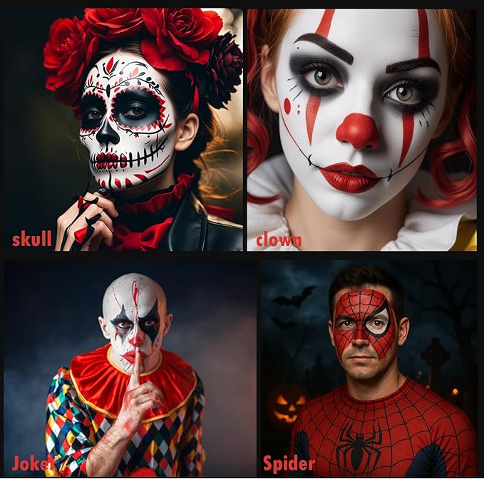 Black White Red Face Paint + 3PC Sponge + Brush,3 Colors Water-Based Red Body Paint Palette Kit for Devil Goths Joker Clown Vampire Skeleton,Halloween Cosplay SFX Makeup 21g