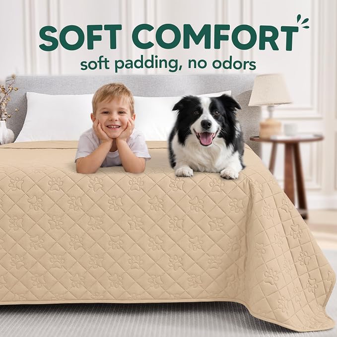 PAWFINITY Waterproof Bed Cover for Dogs, Pet Blanket for Mattress Washable | Paw Print Quilted, Hair Resistant, Anti Cat Scratch, Pee Proof Furniture Protector for Cal King Bed, 82x102 Inch, Beige