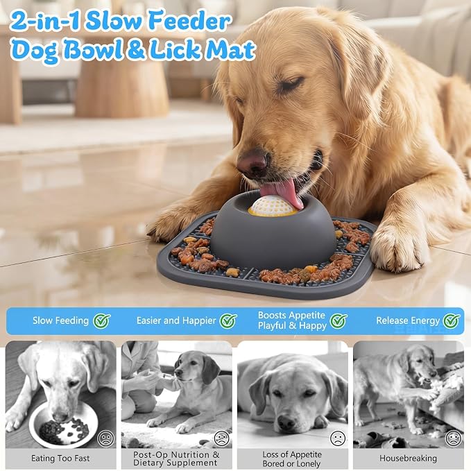 Slow Feeder Dog Bowls & Lick Mat for Liquid and Thick Treat, Anti-Slip Dog Lick Bowl with Interactive Rolling Ball, 5/6 Cup Pup Licking Toy for Large Medium Small Dogs and Cats Gray
