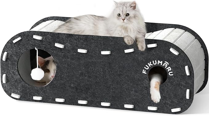 FUKUMARU Cat Bed Cave Tunnel, 31.5 Inch, Cat House Condo Indoor, Black | Extra Long Design, For Multiple & Large Cats, Felt Material, Fluffy Ball Included, Scratch Resistant