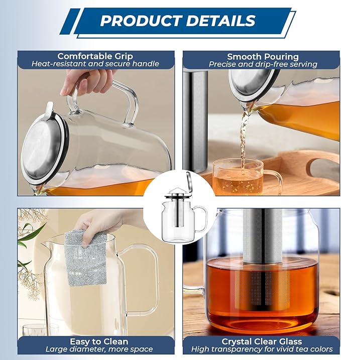 Aquach 68oz Glass Teapot with Infuser, Stovetop Safe Borosilicate Tea Pot | Dishwasher Safe, Plastic-free, Serves 3-5 People, Precise Loose Leaf Filter, Easy-clean