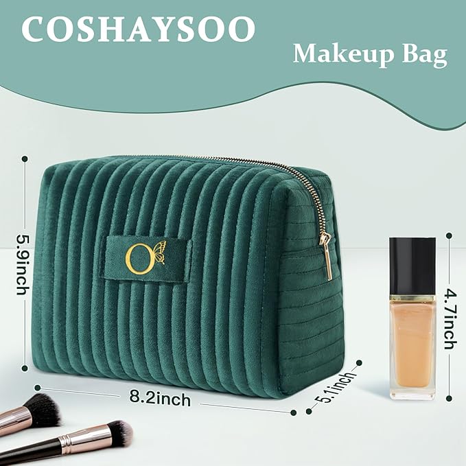 COSHAYSOO Travel Makeup Bag Quilted Make Up Pouch Initial Velvet Cosmetic Case with Butterfly Decor for Young Women 18 19 20 21 22 23 24 25 26 27 28 29 30 40 50 Year Old Birthday Gifts Green Letter O