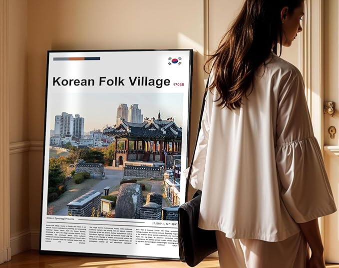Poster Korean Folk Village Wall Art Original Design(24"x16" Wrapped Canvas) Joseon Dynasty Architecture Print South Korea Travel Landmark Gyeonggi Cultural Heritage Ancient Palace Zen Scenery Picture