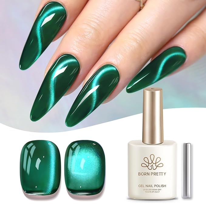 Born Pretty Dark Green Cat Magnetic Eye Gel Polish,2026 Spring Summer Fruit Dark Green Holographic Glitter Shimmer Translucent Sheer Magnetic Gel Polish Salon DIY at Home