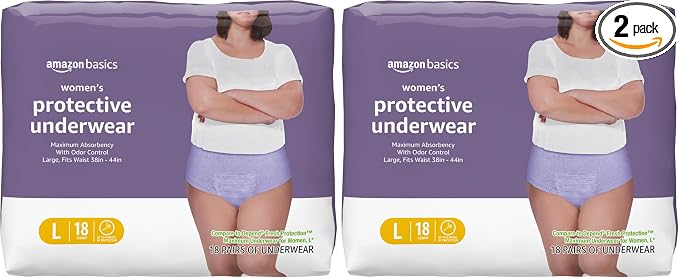 Amazon Basics Postpartum Incontinence Underwear for Women, Maximum Absorbency with Bladder Leak Protection, Fresh Protection, Disposable, Large, Lavender, 18 Count (Pack of 2)