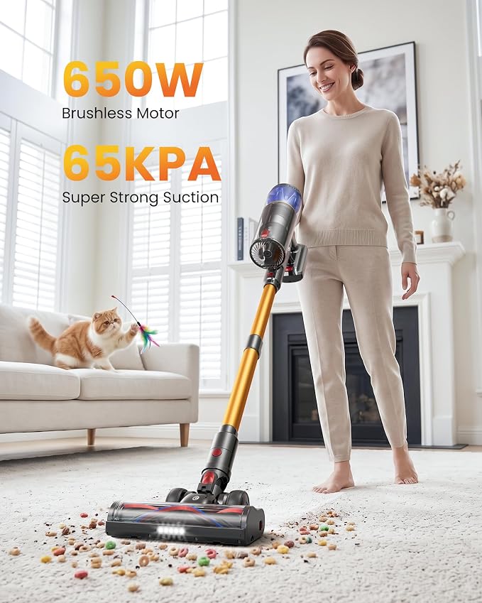 Cordless Vacuum Cleaner for Home, 65KPA 650W 70Mins Stick Vacuum Cordless with Three Suction Modes, Self-Standing&LED Screen, Anti-Tangle Brush, Vacuum Cleaners for Pet Hair/Hardwood Floors/Carpet