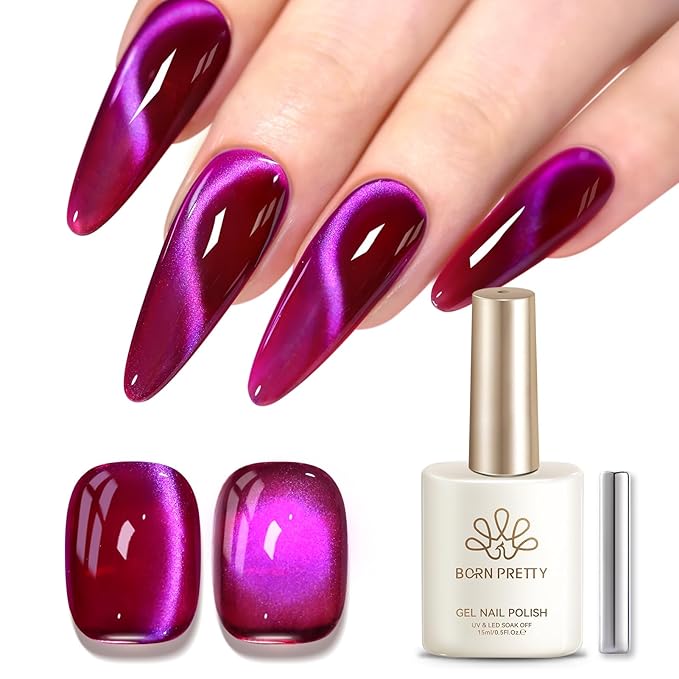 Born Pretty Burgundy Purple Cat Magnetic Eye Gel Polish,2026 Spring Summer Fruit Dark Burgundy Holographic Glitter Shimmer Translucent Magnetic Gel Polish with Purple Powder