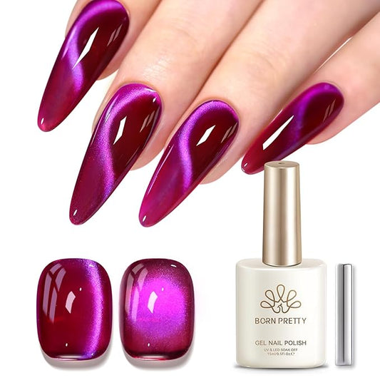 Born Pretty Burgundy Purple Cat Magnetic Eye Gel Polish,2026 Spring Summer Fruit Dark Burgundy Holographic Glitter Shimmer Translucent Magnetic Gel Polish with Purple Powder