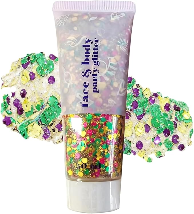 Carnival Body Glitter,Green Purple and Yellow Carnival Face Glitter Gel,Sparkling Holographic Long Lasting Chunky Glitter for Hair Face Nails,Accessories for Rave Festival Party (Carnival Themed)