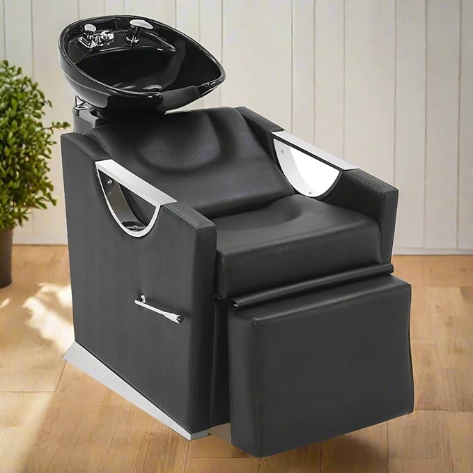 BarberPub Ceramic Bowl Shampoo Chair Extended Ceramic Shampoo Bowl Sink Chair Station for Spa Beauty Salon Professional Hair Salon Equipment 9073 (Black)