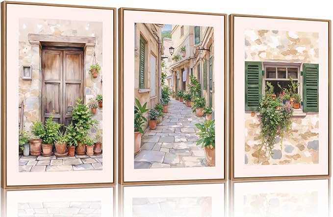 FWIEXA Italy Streets Travel Framed Wall Art Set, Green Botanical Wall Decor, Vintage Italian Style Countryside Villages Wall Print, Potted Plant Canvas Artworks, 3 Pieces Nature Landscape Painting for Bedroom, Office, Living Room