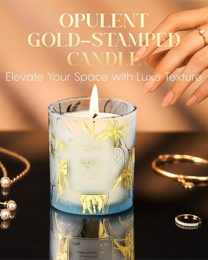 M&SENSE Coconut Soy Candle, 8.1oz Gilded Glass Summer Island | 42H Slow Burn, Natural Soy Wax, Gilded Glass, Tropical Coconut, Sensitive-Friendly