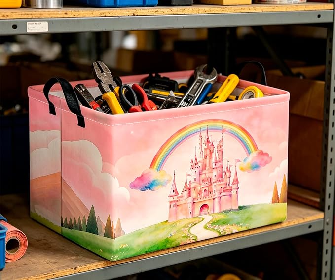 CLOCOR Rectangular Storage Basket Empty,Gift Basket,Waterproof Storage Bin with Handles,Room Decor(Pink Castle)