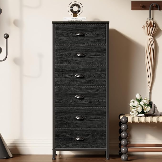 Black Dresser for Bedroom, Tall Fabric Chest of Drawers | Bedroom Dresser with 6 Fabric Bins, Vertical Storage Drawer for Dorm, Organizer in Closet, Living Room, Wood Top, Metal Frame