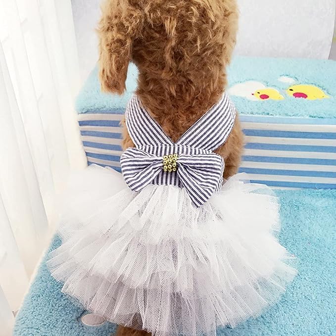 Dog Dresses, Fashion Pet Dog Clothes, Striped Mesh Puppy Dogs Princess Dresses (Blue, Medium)