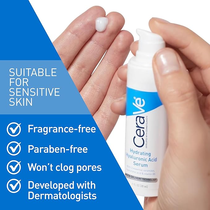 Cerave Hyaluronic Acid Serum for Face with Vitamin B5 and Ceramides, Hydrating Face Serum for Dry Skin, Fragrance Free, 1 Ounce