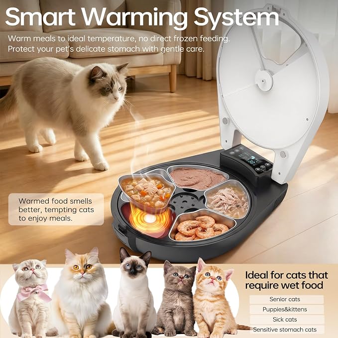 Automatic Wet Food Cat Feeder, 3 Days Freshness 5 Meals Cat Food Dispenser, Semiconductor Cooling & Heating with 304 Stainless Steel Bowl, Programmable Timer Refrigerated Auto Cat Feeder