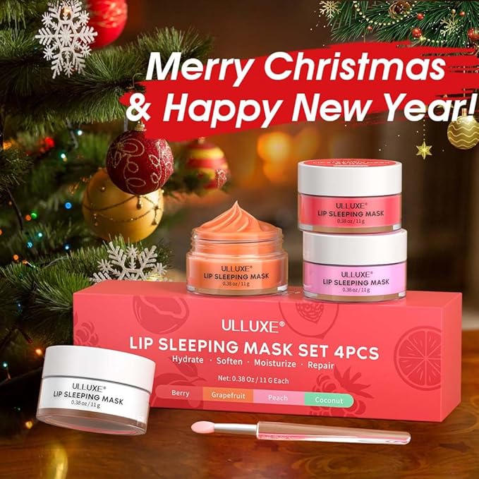 Lip Mask Set 4 Pcs, Overnight Lip Sleeping Mask with Shea Butter, Hyaluronic Acid & Vitamin C Nourishes Hydrates Dry, Flaky Lips, Moisturizing Lip Repair Balm & Butter, Lip Care Gift for Women