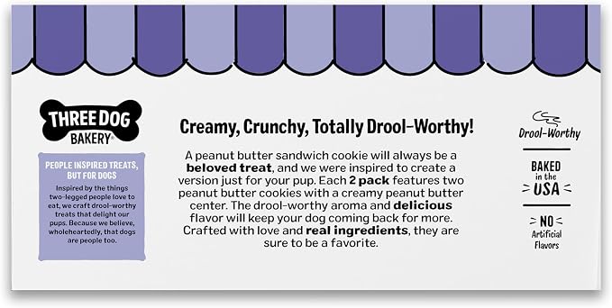 Three Dog Bakery Peanut Butter Lovers Dog Treats - 28.8 oz - 2 Pack | Crunchy Sandwich Cookies with Creamy Peanut Butter Filling