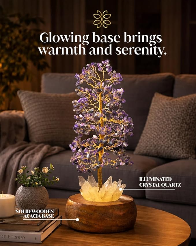 Amethyst Crystal Tree of Life with LED Light – Handcrafted Gemstone Bonsai on Quartz Base & Acacia Wood Stand – Spiritual Home & Office Décor, Feng Shui, Thoughtful Gift for Women