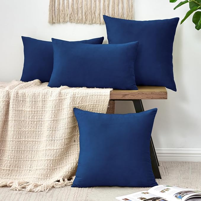 Throw Pillow Covers Decorative Velvet Set of 2 20x20 Inch Pillow Covers, Soft Navy Blue Pillowcases for Couch Sofa Bed Living Room, Farmhouse Home Boho Decor, Square Accent Cushion Covers
