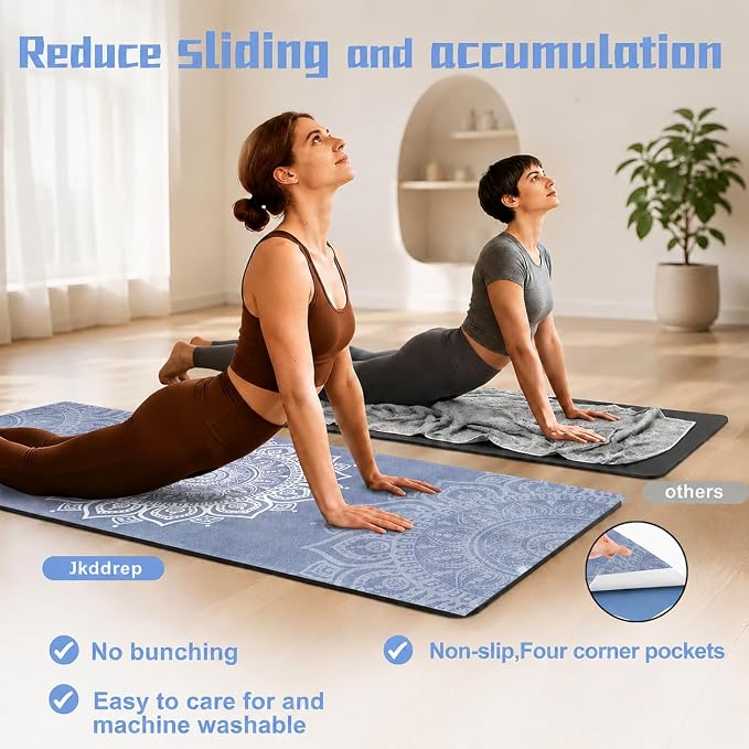Yoga Mat Towel, Hot Yoga Non Slip with 4 Corner Pockets, 74 x 26 in | Soft Absorbent Microfiber With Four Corner Pockets, Fits Over Yoga Mats For Hot Yoga, Pilates, Gym, And Travel