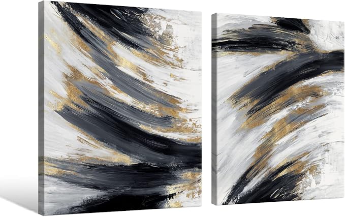 Chadow Artwork 2 pieces Black and Gold Abstract Wall Art 2 Pack Black and White Canvas Wall Decor Modern Framed Artwork for Living Room Bedroom Office Décor Ready to Hang 12"x16"(30cmx40cm)