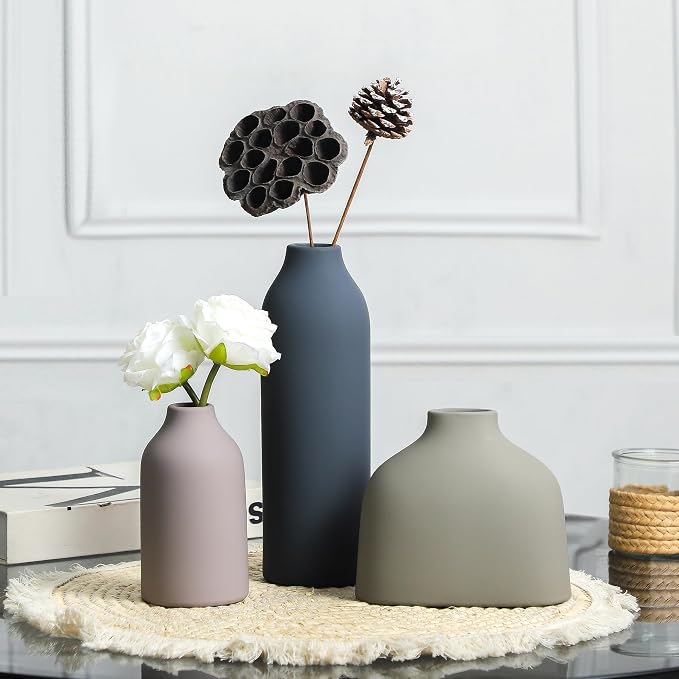 Enra Ceramic Vase Set of 3, Modern Decorative Vases for Home Decor | Three sizes with matte finishes, perfect for pampas grass, dried stems, shelves, mantels and neutral room styling.