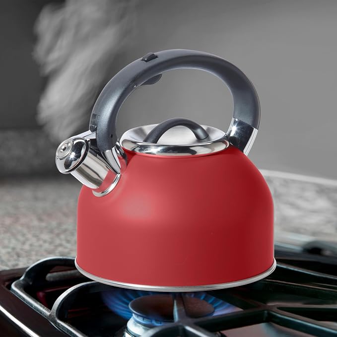 OGGI Tea Kettle for Stove Top - 64oz / 1.9lt, Stainless Steel with Loud Whistle, Ideal Hot Water Kettle and Water Boiler - Brick Red