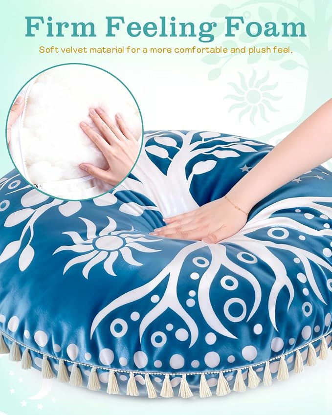 Hihealer Meditation Cushion, Large Velvet Floor Pillow for Yoga, Meditation & Mindfulness, Supportive Memory Foam Bolster (Blue)