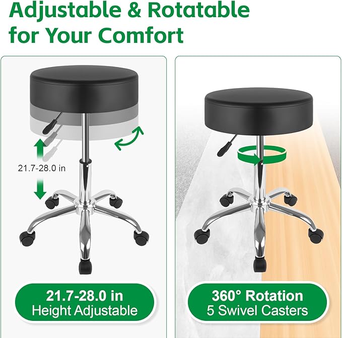 Silver Rolling Stool with Wheels, 360° Swivel Adjustable Height Stool, 400LB Capacity PU Leather - for Salon, Tattoo, Office, Medical, Home & Spa