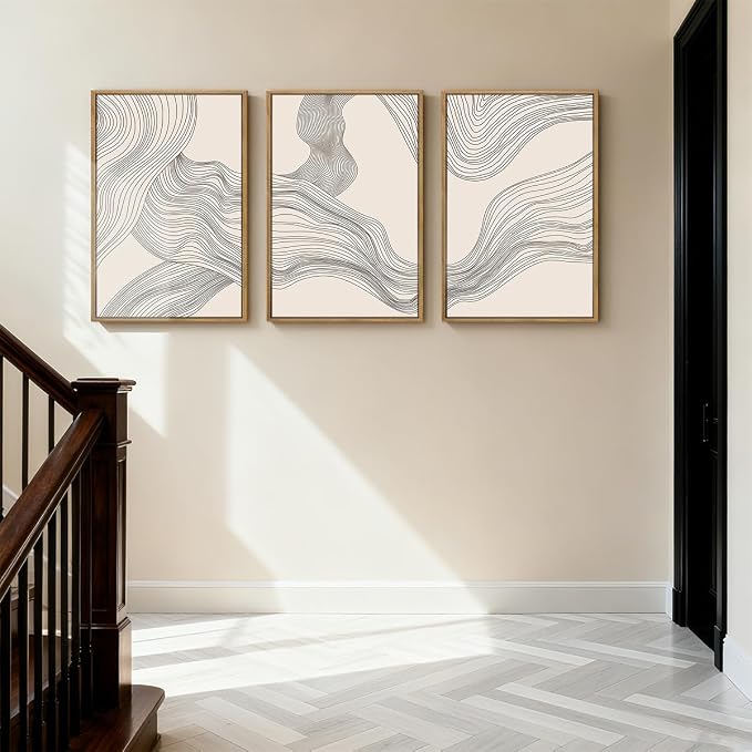 Large Beige Abstract Wall Art Framed Neutral Modern Canvas Wall Decor Minimalist Line Wave Painting 24x36 Inch Pictures Set of 3 for Living Room Bedroom Dining Room