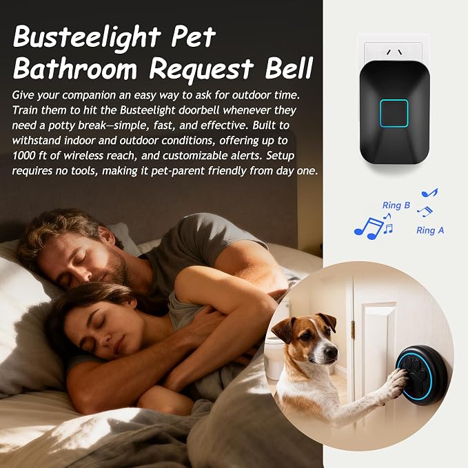 Halo Paw Smart Dog Door Bell–BK Dog Bells to Go Outside (2 Bells & 1 Chime) | Touch-to-Ring, LED Light Wireless Dog Buttons & Dog Clicker for Communication, Waterproof Bell for Dogs to Ring to Go Potty